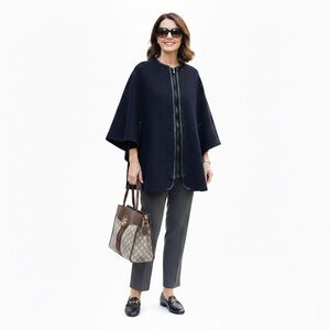 Vince Wool Leather Cape Coat Jacket Zip Pocket Poncho Wrap Minimal Boho Oversize